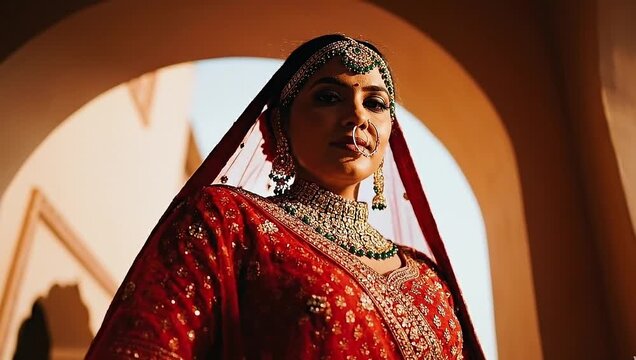 Low Angle Portrait of Regal Indian Bride in Red Lehenga with Heavy Jewelry