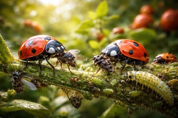 Fototapeta premium Insects beneficial to gardens ladybugs eating flies