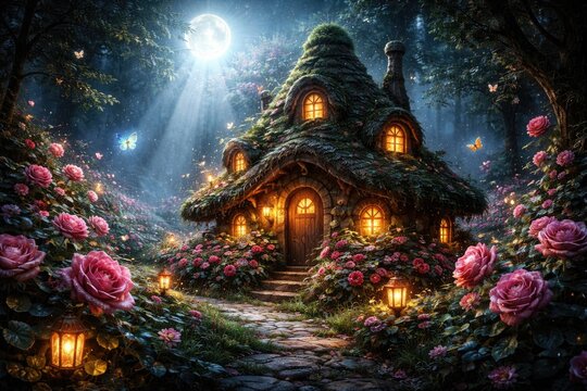 Fabulous gnome house with windows in a fairy tale forest filled with blooming roses and butterflies under a shining moonbeam