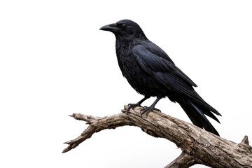 Obraz premium Lone black crow sitting on deadwood branch over white background
