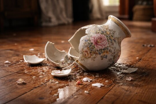 Broken delicate vase on rustic hardwood floor inside home
