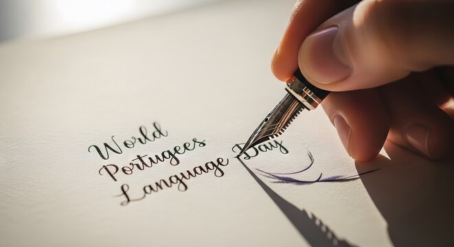 A fountain pen elegantly writes 'World Portuguese Language Day' on white paper.