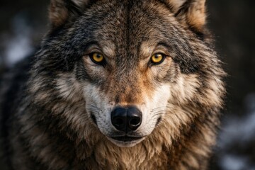 Obraz premium Close view of a powerful wolf's face with distinctive fur and yellow gaze