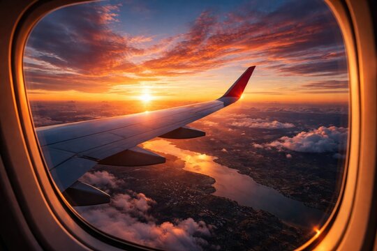 Dazzling sunset panorama seen from airplane cabin aerial vantage point