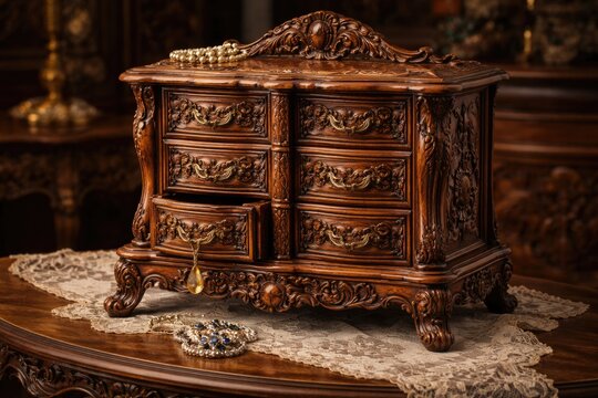 Decorative antique wooden jewelry chest featuring finely carved drawer details