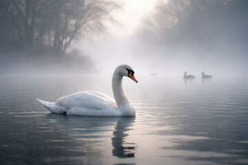 Fototapeta premium Graceful waterfowl floating gently amid foggy waterscape