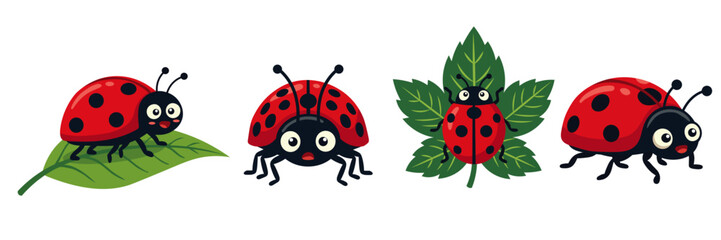 Cute Ladybug Cartoon Set on Leaf and Garden Theme © Antonina
