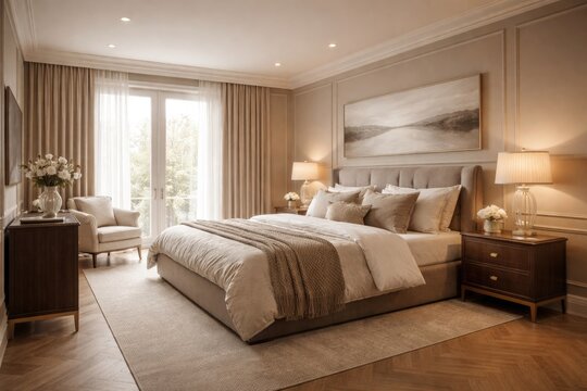 Elegant beige bedroom with parquet flooring and horizontal painting paired with bedside lamps