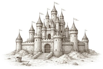 Obraz premium Detailed line drawing of a medieval style sandcastle in monochrome with a plain white background