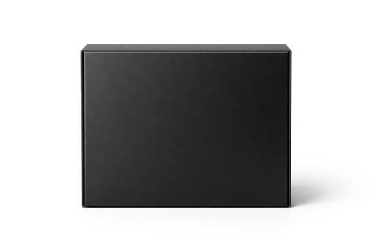 Blank black paper box front view isolated on plain white background for product packaging