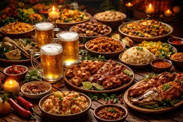 Obraz premium A festive table presentation featuring native food specialties and refreshing beer