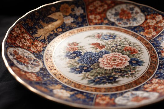Close up soft focus shot of vintage Japanese imari ware on a plate highlighting delicate craftsmanship on a black background