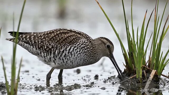 Shorebird Foraging in Muddy Wetlands With Tall Grasses