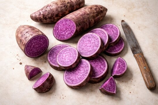 Birds eye perspective of sliced purple yams placed on an uncluttered surface