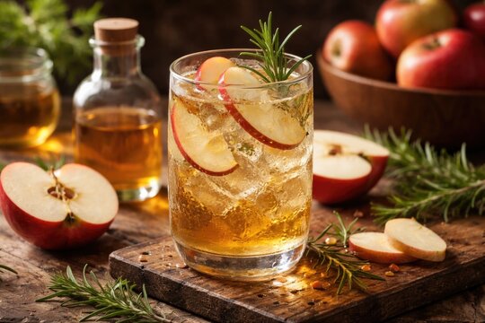 Cold apple infused vinegar beverage in glass on textured wood