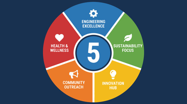 Circular diagram illustrating five core values of an organization.