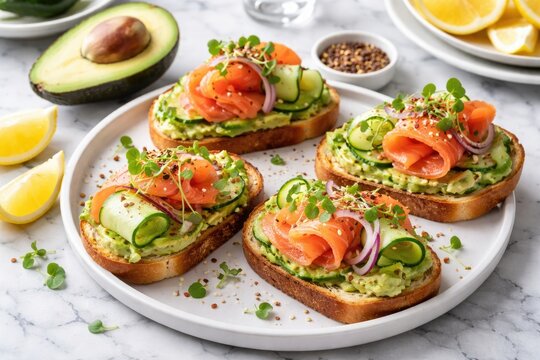 Fresh appetizer with avocado lox salmon and cucumber arranged on marble table for healthy brunch