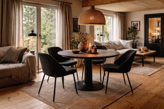 Cozy lounge decorated with pine flooring and a round dining table paired with black chairs