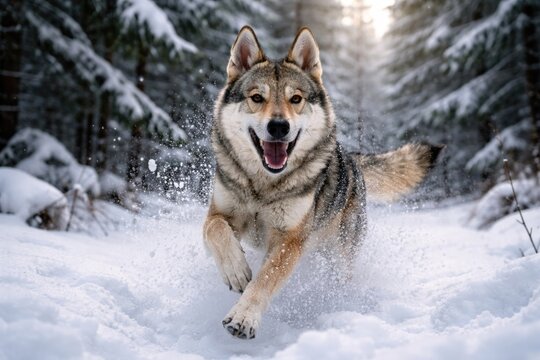 Energetic Czechoslovakian wolfdog enjoying snow in cold woods