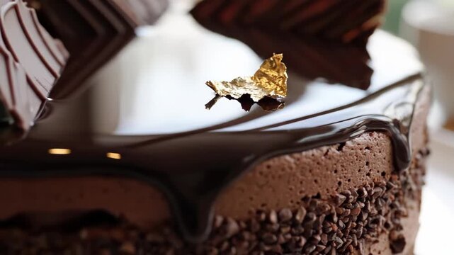 Decadent chocolate cake with smooth glaze and gold leaf garnish, adorned with crunchy texture on platter
