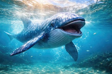 Fototapeta premium A lively blue whale pet playing beneath the shimmering water on a warm summer day