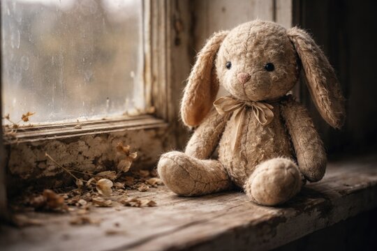 Faded stuffed hare on a timeworn window sill representing cherished childhood moments