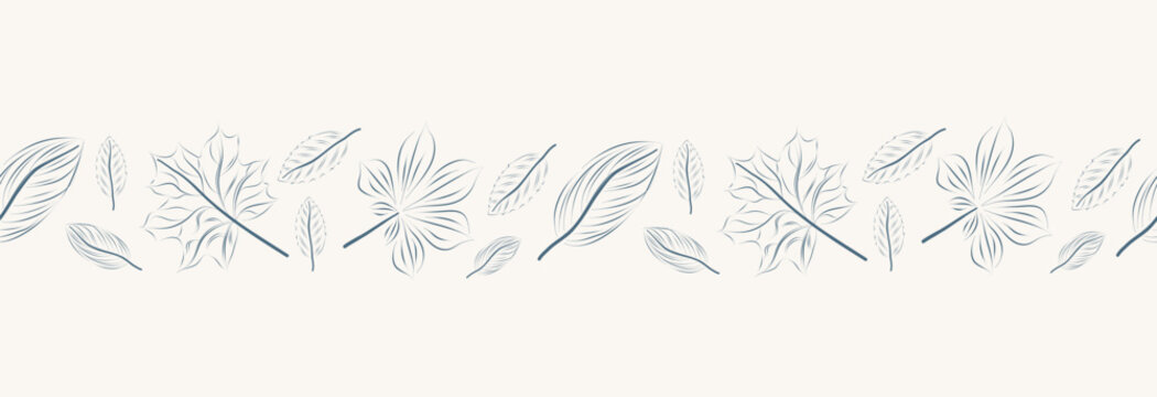 Decorative autumn leaf border with various hand drawn foliage elements. Natural horizontal divider ideal for seasonal design, invitations, packaging and eco branding.