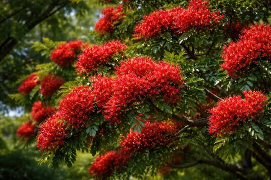 Lively red floral clusters blossoming on a healthy Drunken Parrot Tree surrounded by rich greenery