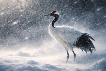 Fototapeta premium Graceful red crowned crane braving a fierce winter blizzard