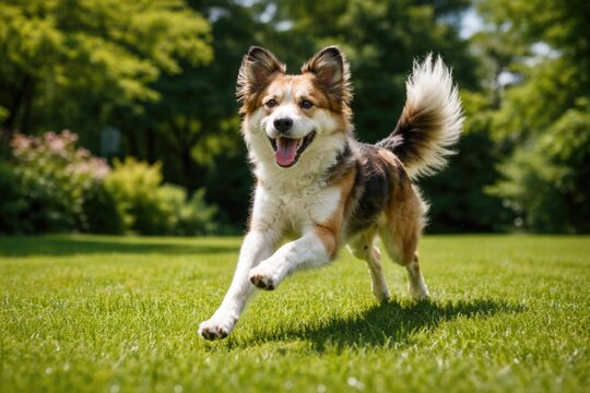 Energetic mongrel pet frolicking on a dense green grass lawn captured in full length at a clear summer noon