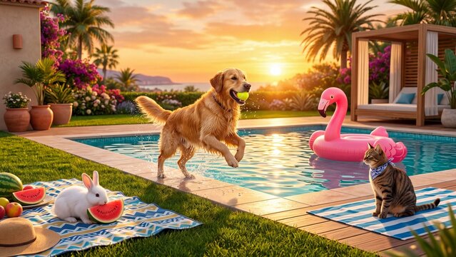 Golden retriever leaping into pool with tennis ball at sunset. White rabbit eating watermelon on picnic blanket. Tabby cat lounging by poolside. Tropical backyard pets summer fun