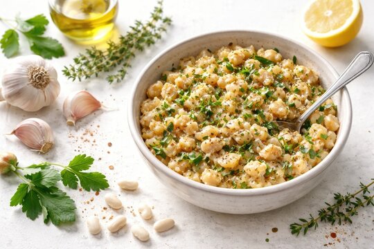 Bowl containing cracked cannellini beans blended with garlic cloves and herbs on a bright background with ample copy space for recipe content