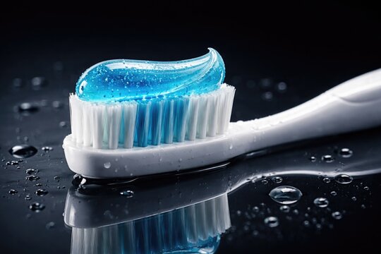 Detailed side angle of a white toothbrush coated in blue gel toothpaste on a glossy dark reflective backdrop showcasing oral hygiene