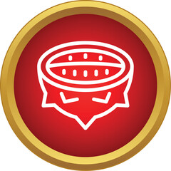 Fototapeta premium Dragon fruit half with seeds in a red circle with gold border