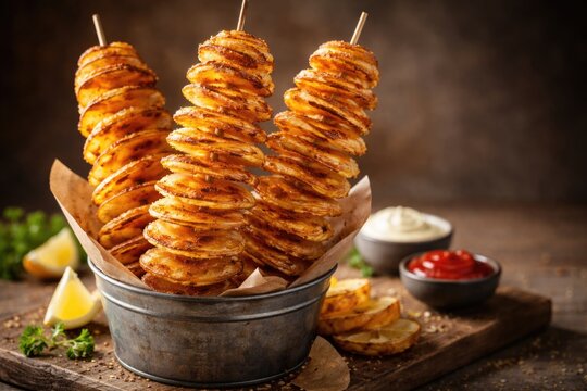 Crispy helical Tornado Potato skewers presented with copy space for graphic