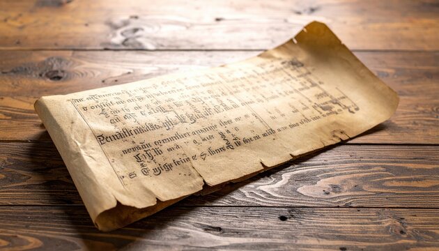 A meticulously preserved ancient parchment manuscript with intricate handwritten text and decorative elements resting on a rustic wooden surface