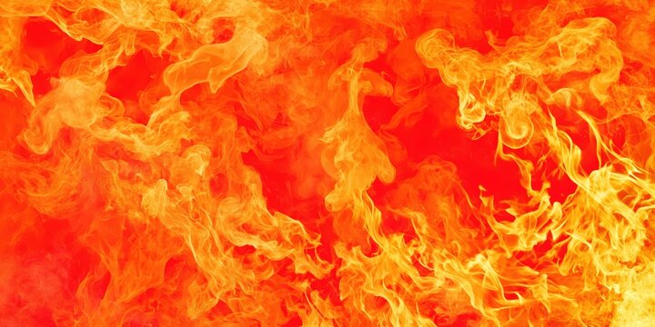 Intense orange and yellow flames with swirling smoke create a dynamic and fiery background.