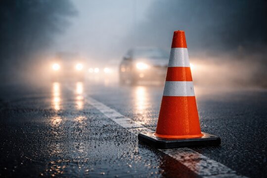 Orange safety cone on damp road surface amid thick fog directing traffic lane with glowing headlights blurred behind