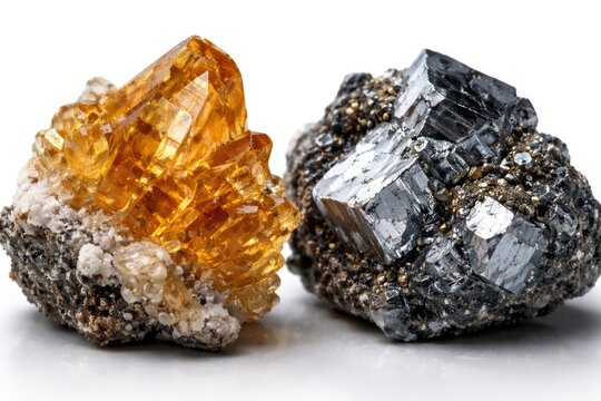 Macro close up of shiny phosphate and galena stones against white background