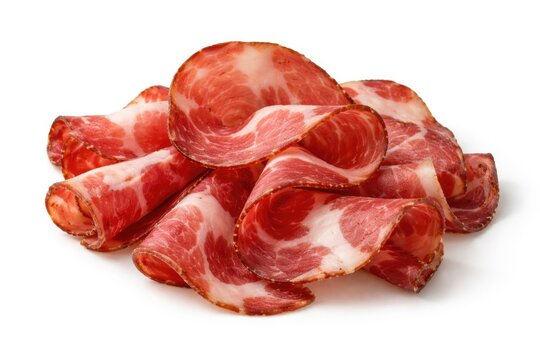 Italian dry cured coppa ham slices isolated on plain white background