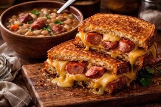 Kielbasa sausage and gouda melted in grilled cheese sandwiches served with savory ham and bean soup