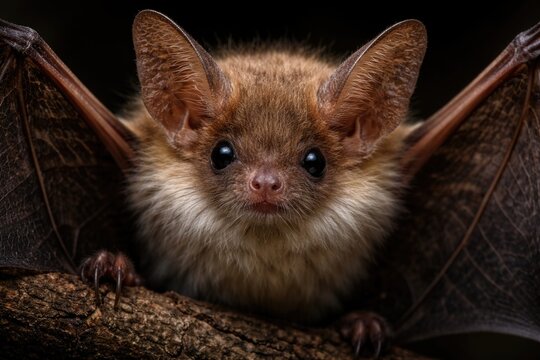 Intimate full face view of a Bechsteins bat showcasing unique wing texture