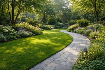 Obraz premium Home garden featuring fresh green lawn and gray paved path