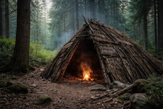 Historic wikiup shelter built in secluded forest area