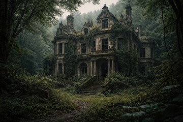 Obraz premium Forgotten grand manor amid heavy forest growth