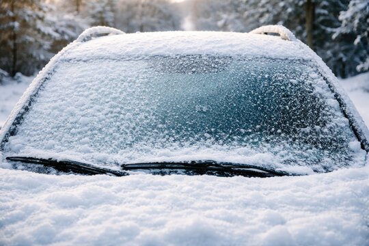 Frosty car front window blanketed by fresh snow on a cold day