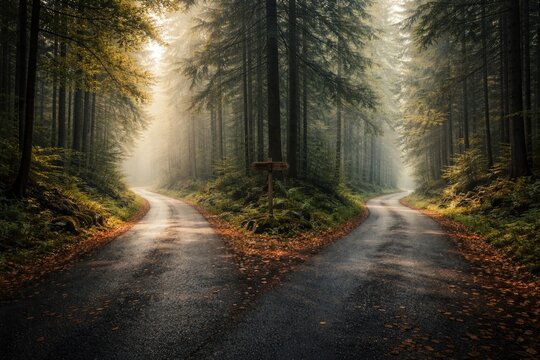 Forest road paved with asphalt branching into two separate trails highlighting decision moment