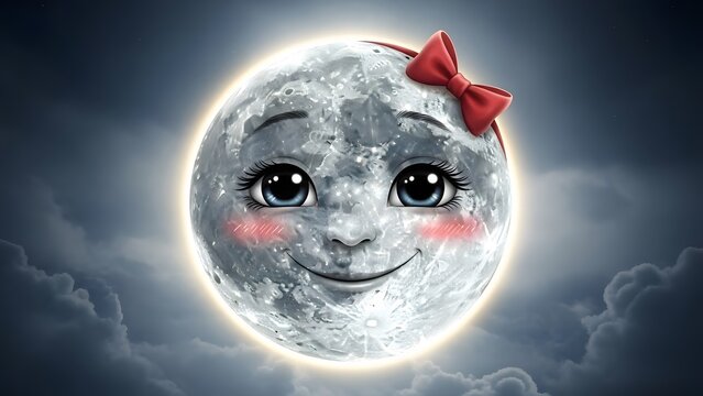 Cute moon character with a red bow and blushing cheeks. Nighttime fantasy and nursery art. Smiling full moon face with big eyes glowing in a dark cloudy sky
