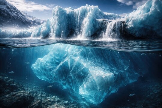 Glaciers melting to expose crystal clear underwater iceberg scenes