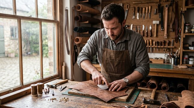 Man crafting leather cutting material in workshop by window